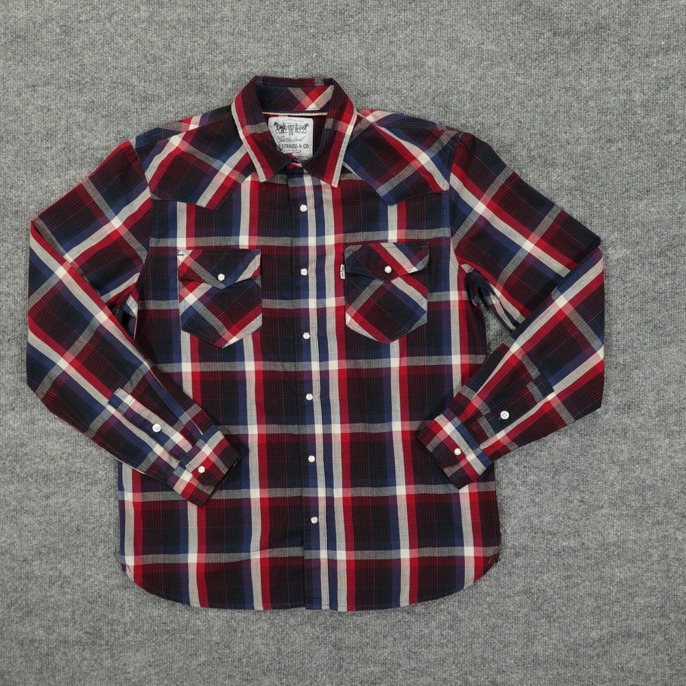 Levi Strauss Western Shirt Mens Medium Red Navy Blue Plaid Pearl Snap Long